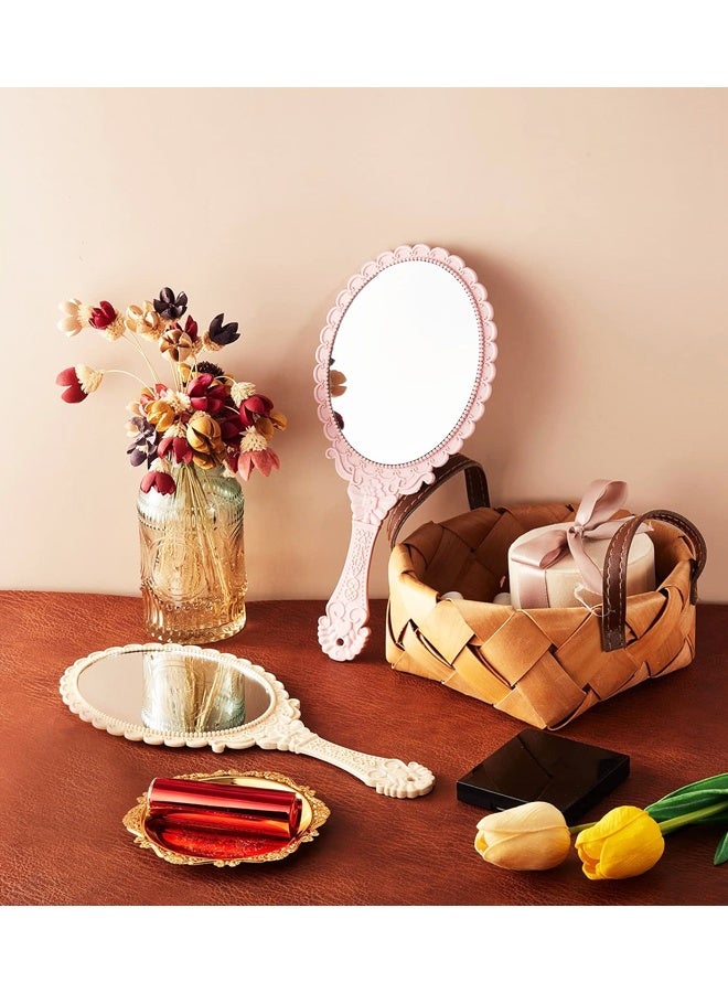 2 Pieces Vintage Handheld Mirror Portable Embossed Flower Mirror Hand Held Decorative Compact with Handle for Makeup Travel Personal - Image 5